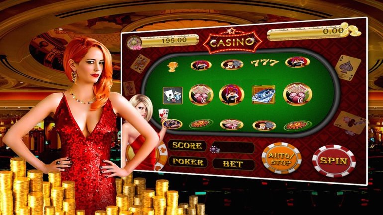 Рыжеволосая красотка в красном платье позирует у скриншота онлайн казино